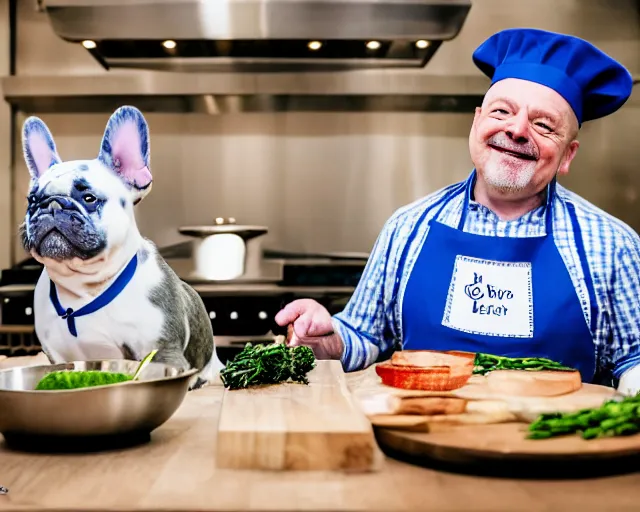 Prompt: a 8k highly detailed still photo by David Bailey of Two blue merle French Bulldogs in chef hats and aprons starring on a cooking show, a high end kitchen in the background