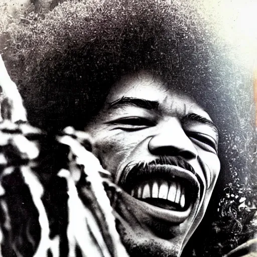 Image similar to HD digital photograph of Jimi Hendrix at Woodstock, ultra realistic, fun, caricature, powerful, iconic, love peace and unity, hippy, flower power