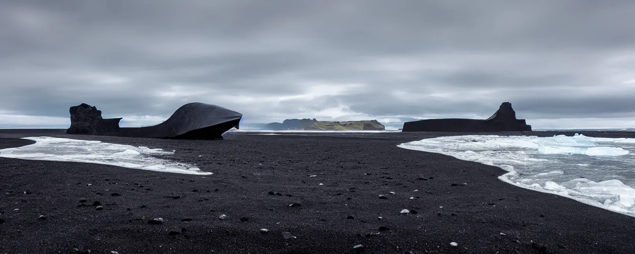 Image similar to cinematic shot of giant symmetrical futuristic military spacecraft in the middle of an endless black sand beach in iceland with icebergs in the distance,, 2 8 mm