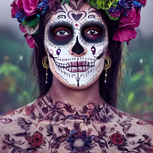 Image similar to photo portrait of a beautiful day of the dead female, depth of field, zeiss lens, detailed, symmetrical, centered, by edward robert hughes, connor hibbs, annie leibovitz and steve mccurry, david lazar, jimmy nelsson, breathtaking, 8 k resolution, extremely detailed, beautiful, establishing shot, artistic, hyperrealistic, beautiful face, octane render