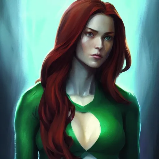 Prompt: jean grey, a half body of jean grey, green eyes, comic, x - men, highly detailed, artstation, digital painting, vivid colors, realistic shaded perfect face, soft lighting, atmospheric, cinematic, moody, in the style of krenz cushart, oil on canvas, 8 k
