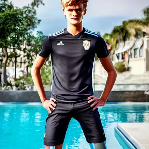 Prompt: a realistic detailed photo of a guy who is an attractive humanoid who is half robot and half humanoid, who is a male android, soccer player martin ødegaard, shiny skin, posing like a statue, blank stare, by the pool, on display, showing off his muscles, mannequin stand