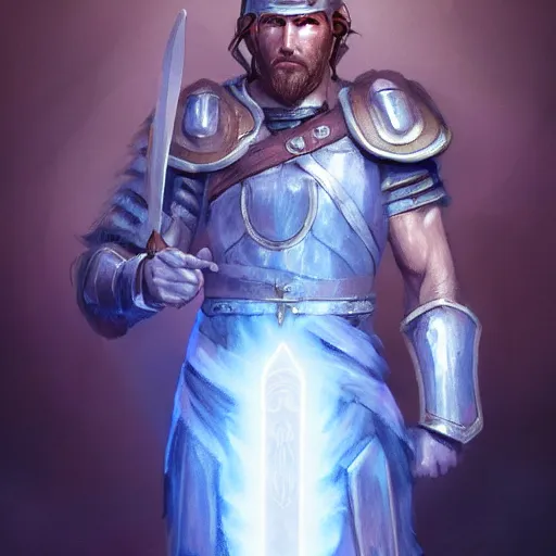 Prompt: portrait of an ancient roman warrior armed with a glowing-white sword D&D, fantasy, elegant, hopeful, cosmic, muscular, highly detailed, digital painting, artstation, concept art, smooth, sharp focus, illustration