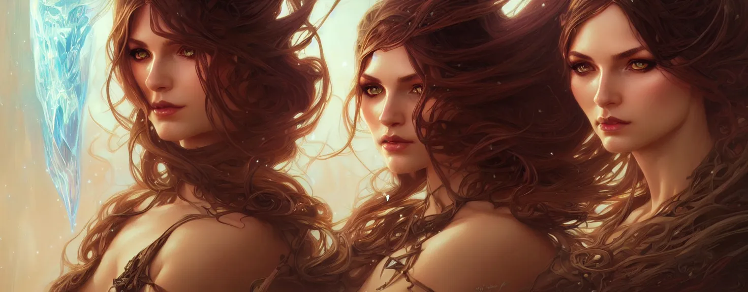 Image similar to fantasy magic woman portrait, sci-fi, amber eyes, face, long hair, fantasy, intricate, elegant, highly detailed, digital painting, artstation, concept art, smooth, sharp focus, illustration, art by artgerm and greg rutkowski and alphonse mucha