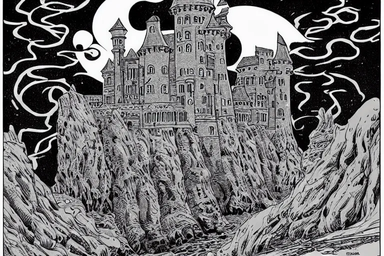 Prompt: an old castle on a seaside cliff by joe fenton and bernie wrightson and, mike allred, coloring book, line art, simple, low detail,