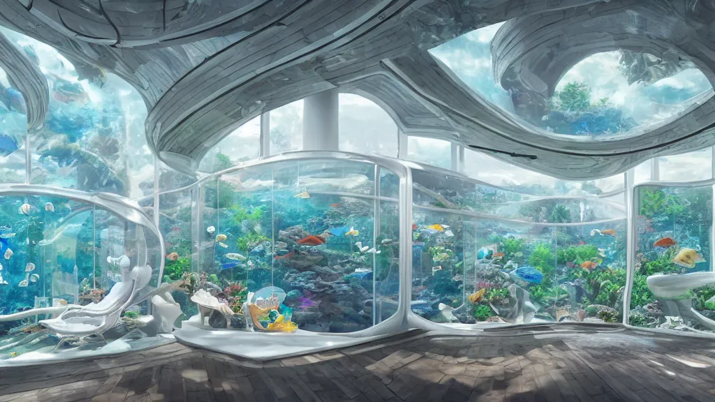 Prompt: a wide angle, utopian dreamy retrofuturistic aquarium observation room, wabi - sabi, white smooth glossy plastic walls, windows to underwater aquatic views, by vincent callebaut and james jean and nikita replyanski and mark ryden, vray render 4 k