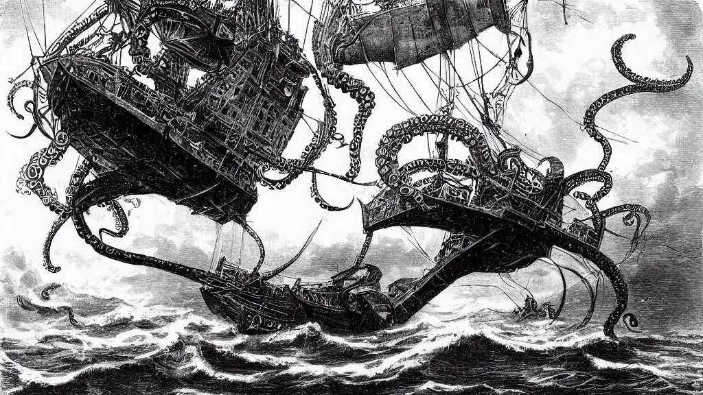 Image similar to drawing of an octopus attacking an airship above a stormy ocean, by albert robida, nineteenth century, black and white, vintage, science fiction, epic composition, dramatic lighting, highly detailed