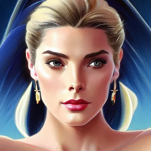 Image similar to Ashley Greene's face combined with Grace Kelly's face with short dark blue hair as She-Ra, western, D&D, fantasy, intricate, elegant, highly detailed, digital painting, artstation, concept art, matte, sharp focus, illustration, art by Artgerm and Greg Rutkowski and Alphonse Mucha