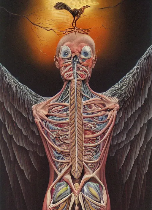 Image similar to an anatomical oil painting of a Harpy from a medical journal by Alex Grey and Julie Bell, highly detailed, high detail, 8k, storm clouds, birds, dramatic lighting