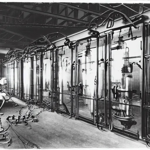 Prompt: old black and white photo, 1 9 1 3, depicting a dieselpunk lab with biomechanical aliens inside a row of glass vats, historical record