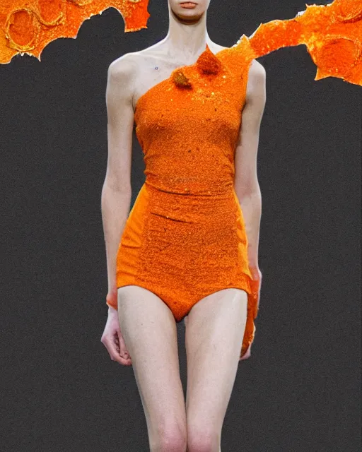 Prompt: multi panel storyboard of olivia wearing an outfit made of orange peels, runway model at new york fashion week, sporty physique, black hair, freckles, pale skin, half body portrait, photo by greg rutkowski, stage lighting, soft colors, female beauty, intricate detail, elegance, 3 5 mm, depth of field, masterpiece