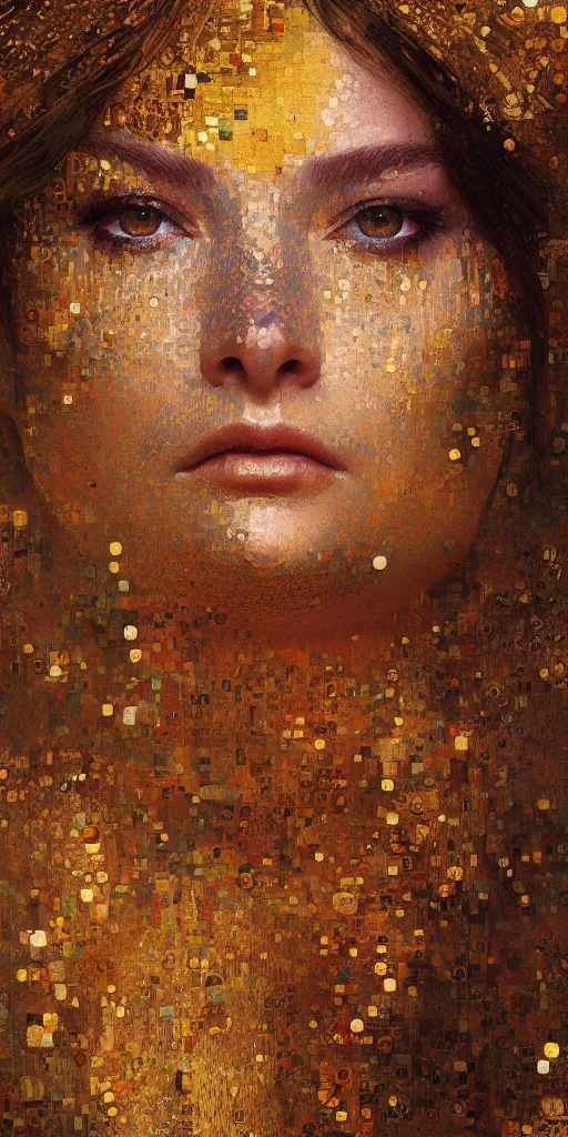 Image similar to an intricate portrait painting of an artistic pose young beautiful lady covered in klimt golden motives and textures, hyper - detailed, octane render, vivid colors, artstation, by jeremy mann, by gustav klimt