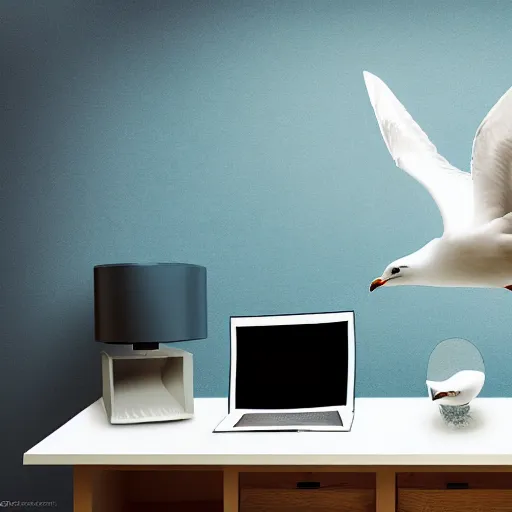 Image similar to an angry seagull typing at a computer in it's bedroom, studio portrait, dramatic background and lighting