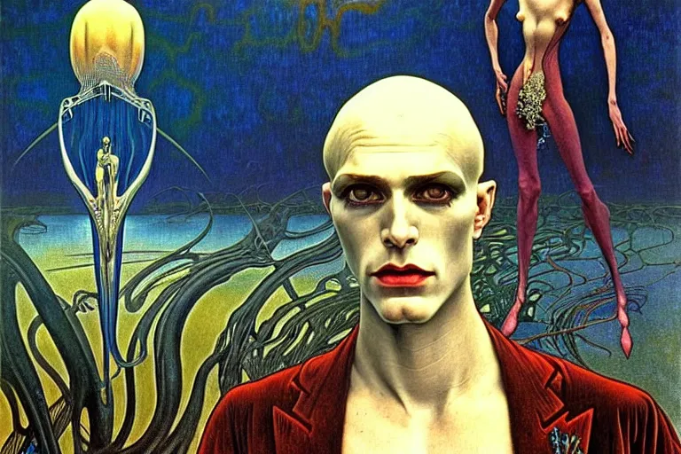 Image similar to realistic extremely detailed portrait painting of an elegantly creepy vampire man in cape, futuristic sci-fi landscape on background by Jean Delville, Amano, Yves Tanguy, Alphonse Mucha, Ernst Haeckel, Edward Robert Hughes, Roger Dean, rich moody colours, blue eyes