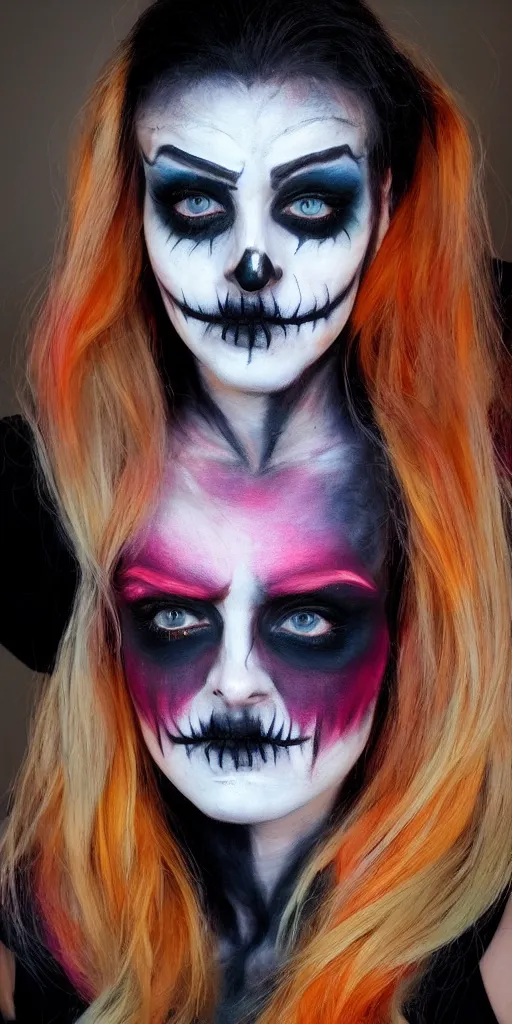 Image similar to halloween makeup cosplay. girl. detailed. artistic. sunset. moody lights. sharp focus. pixel perfect