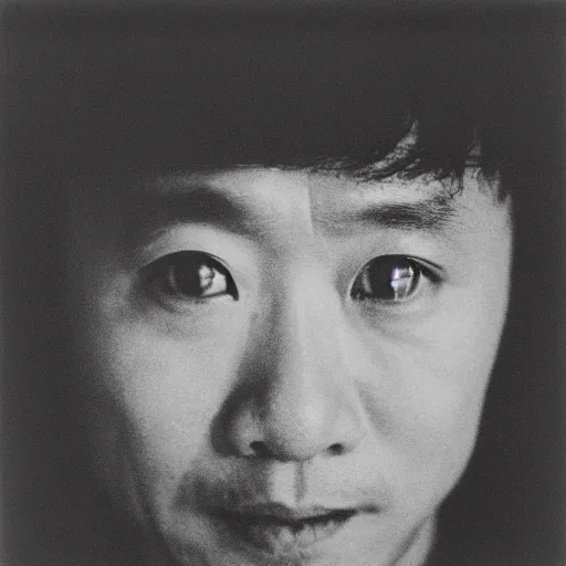 Image similar to photo of Leslie Cheung Kwok Wing by Diane Arbus, extreme closeup, black and white, high contrast, Rolleiflex, 55mm f/4 lens