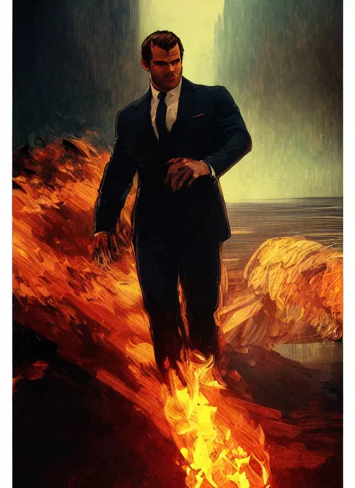 Image similar to portrait of henry cavill as james bond, fire, key art, palm trees, aston martin, highly detailed, digital painting, artstation, concept art, cinematic lighting, sharp focus, illustration, by gaston bussiere alphonse mucha