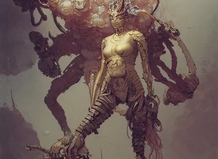 Image similar to full body shot of an ancient warrior by james jean, jakub rebelka, tran nguyen, peter mohrbacher, yoann lossel, wadim kashin