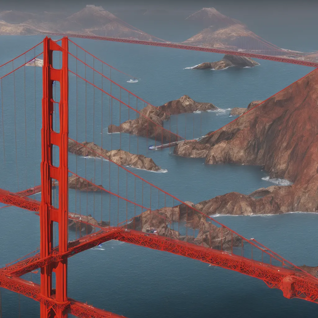 Image similar to A Volvo spaceship flying over the Golden Gate Bridge, cinematic lighting ultra detail ultra realistic photo realistic octane render 4k