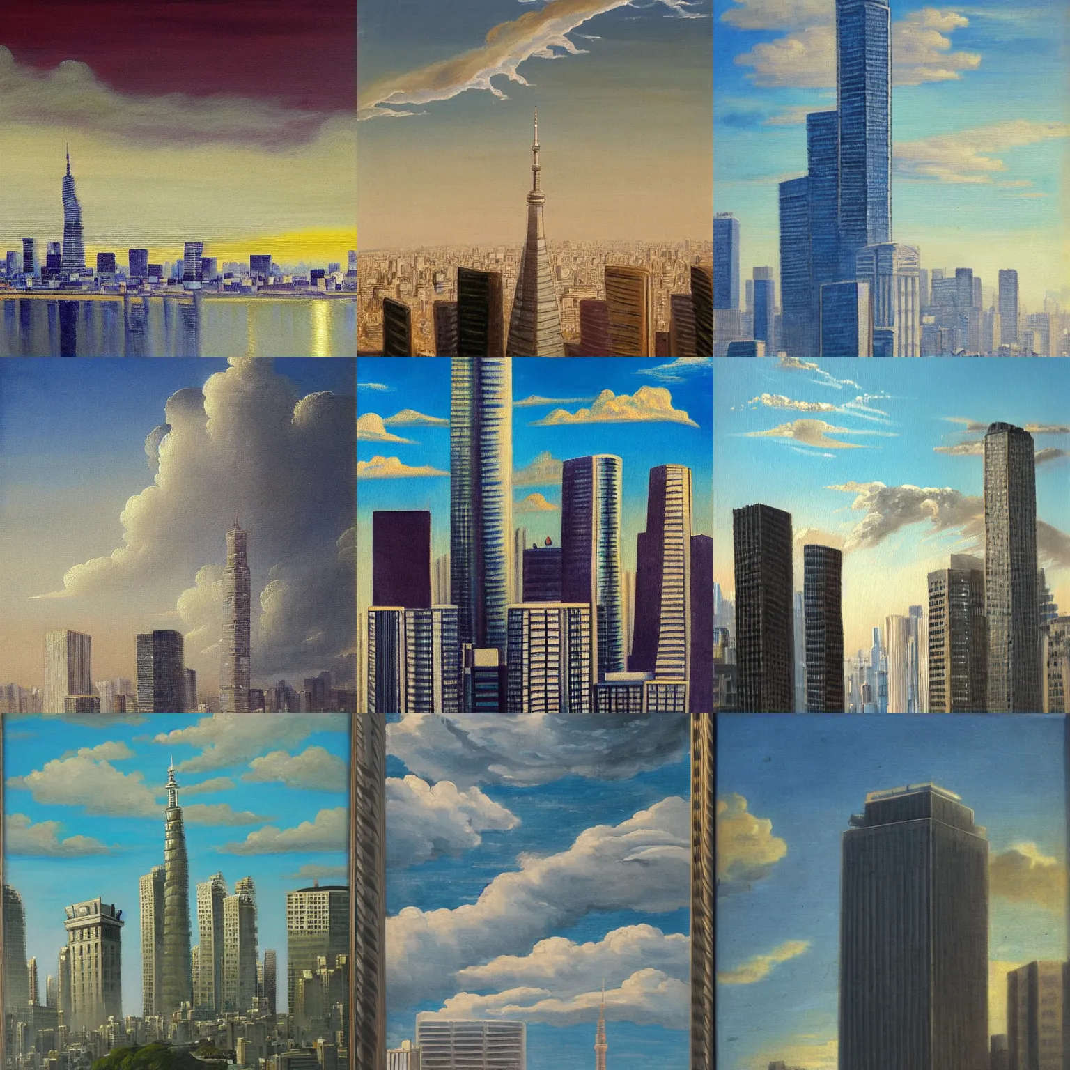 Prompt: classicism painting of a gleaming skyscraper, cityscape, wispy clouds, Tokyo