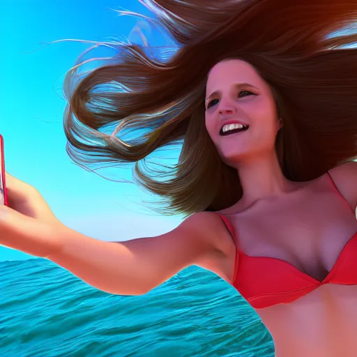 Prompt: Selfie!!!!! of a woman with gorgeous hair flowing in the wind, in the middle of the ocean!!!!!, first-person view, fisheye!!!!! lens!!!!!, photorealistic image, trending on artstation, 4k, 8k