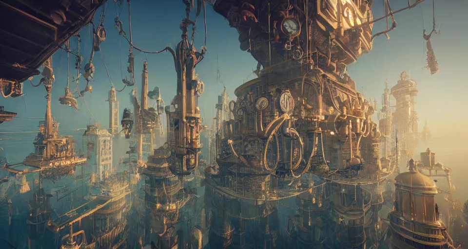 Prompt: floating steampunk city in the sky, bioshock, intricate artwork by tooth wu and wlop and beeple, octane render, hyper realism, 8 k