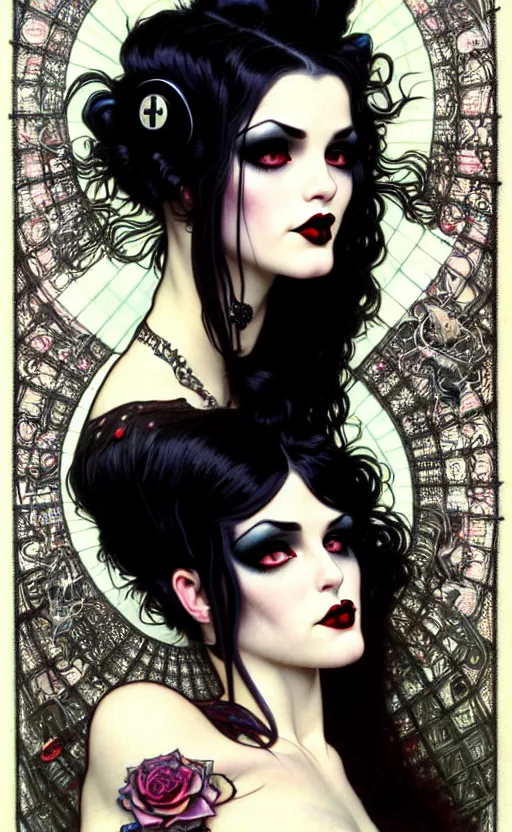 Prompt: with goth girl lips, eyes, jaw and long, thick shining black hair, thick eyebrows and long eyelashes, wearing in black clothes, beautiful eyes, burlesque psychobilly, rockabilly, punk, white background, drawing, illustration by fantasy art, in the style of greg rutkowski, intricate, alphonse mucha, hyper detailed, smooth