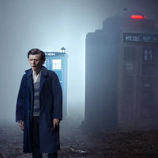 Image similar to tom holland as a rough dirty old man with a scruffy beard in a dark blue trenchcoat as the new doctor who, cinematic, volumetric lighting, f 8 aperture, cinematic eastman 5 3 8 4 film, photorealistic