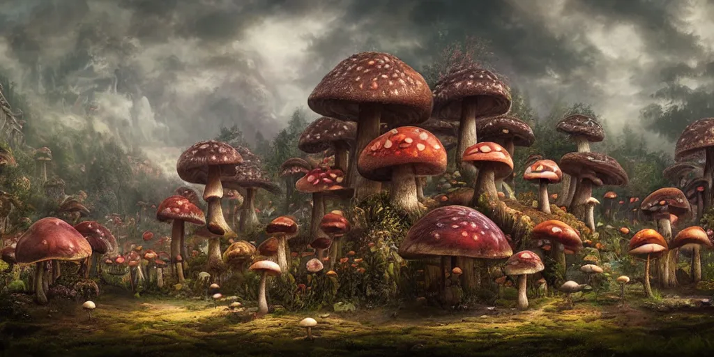 Prompt: mushroom village by tom bagshaw, rococo, intricate, detailed, photorealistic imagery, artstation render inspired by alena aenami 8 k