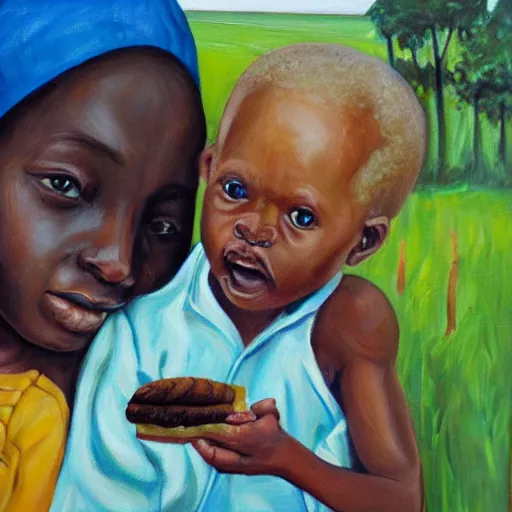 Prompt: oil painting of a malnourished ugandan boy sharing bread with a blond well fed child american, by julia pott