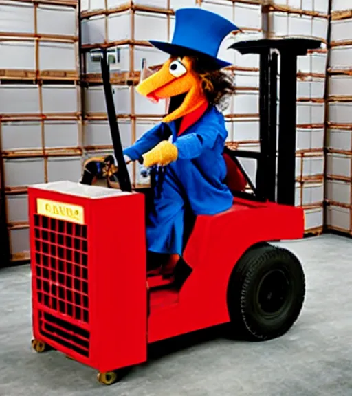 Prompt: count von count puppet, driving a forklift