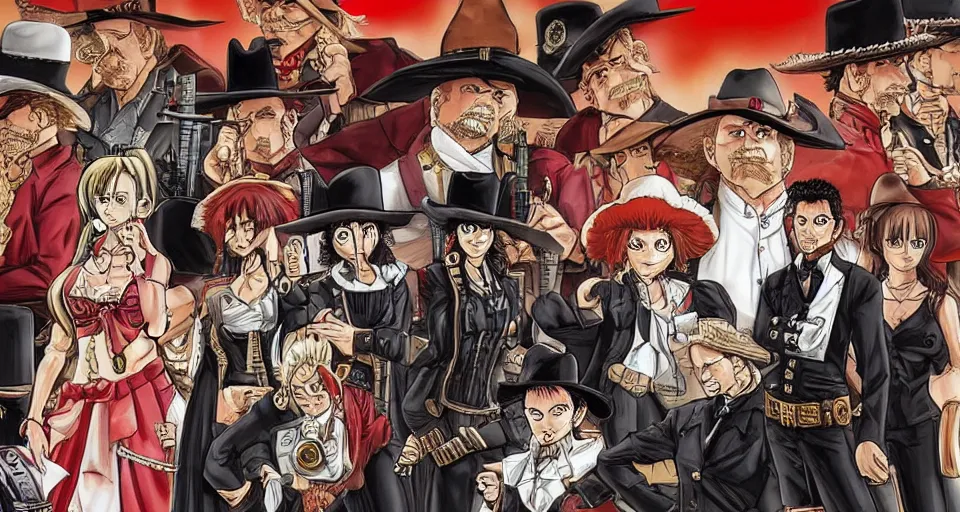 Prompt: detailed ultra sharp, red female sheriff, global lighting, theme saloon from a western, western saloon, booze, revolver, cigars, sheriff sitting in a saloon, all in the style of yoshihiro togashi.