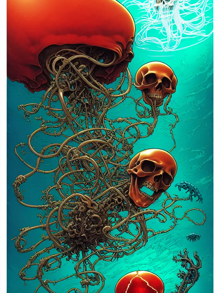 Prompt: a single skull in the sea by josan gonzalez and dan mumford and greg hildebrandt and donato giancola and raymond swanland and ross tran and william - adolphe bouguereau, glowing red skull, blue jellyfish, green water, highly detailed, high contrast, intricate details, blended palette