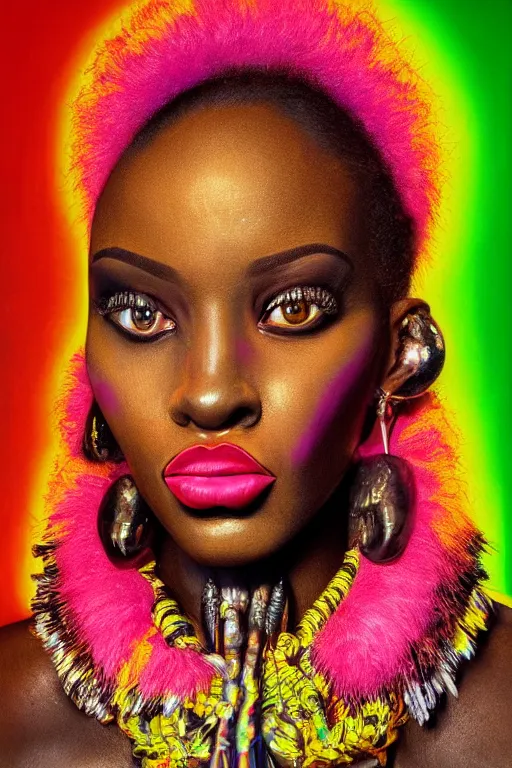 Image similar to detailed portrait of a beautiful African female with face augmentations, strong neon lighting, Afrofuturism, extravagant feathered collar, by glenn fabry, hyper realistic, HD, oil on canvas