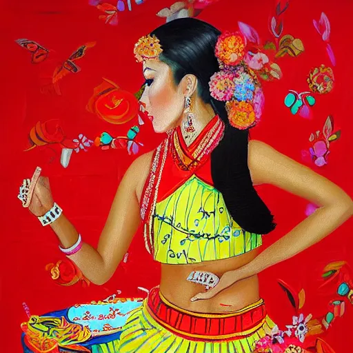 Prompt: a beautiful oil painting of cute girl wearing modern stylish costume in the style of Assamese bihu mekhela sador gamosa design, commercial fashion design art by jeff koons