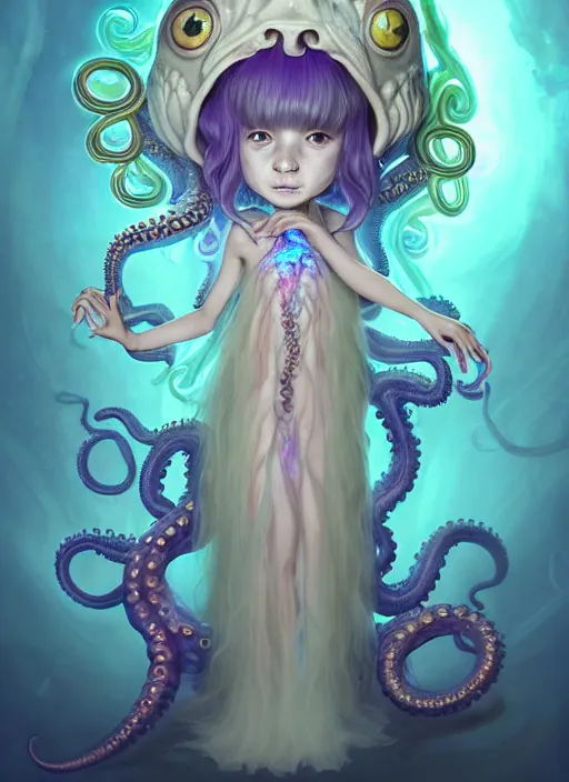 Image similar to A full shot of a cute magical monster Cryptid wearing a dress made of opals and tentacles. Chibi Proportions. Subsurface Scattering. Translucent Skin. Caustics. Prismatic light. defined facial features, symmetrical facial features. Opalescent surface. Soft Lighting. beautiful lighting. By Giger and Ruan Jia and Artgerm and WLOP and William-Adolphe Bouguereau and Loish and Lisa Frank. Sailor Moon. trending on artstation, featured on pixiv, award winning, sharp, details, intricate details, realistic, Hyper-detailed, HD, HDR, 4K, 8K.