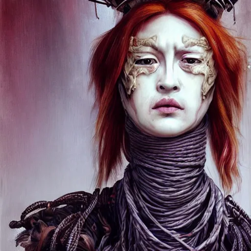 Image similar to portrait of a Shibari rope wrapped face and neck, headshot, insanely nice professional hair style, dramatic hair color, digital painting, of a old 17th century, old cyborg merchant, amber jewels, baroque, ornate clothing, scifi, realistic, hyperdetailed, chiaroscuro, concept art, art by Franz Hals and Jon Foster and Ayami Kojima and Amano and Karol Bak,