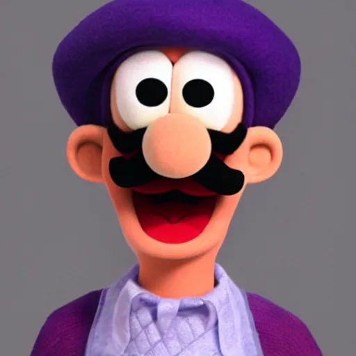 Image similar to Waluigi reimagined as a Muppet, photorealistic