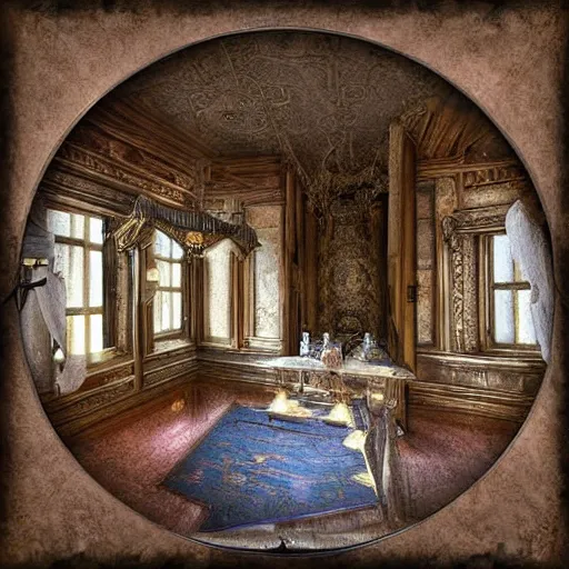 Image similar to castle interior with a magical mirror floating around, digital art