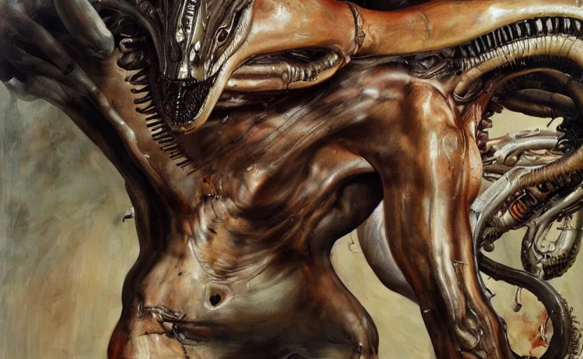 Image similar to high quality high detail painting by lucian freud and frank frazetta and jenny saville, hd, xenomorph, muted colors, cinematic