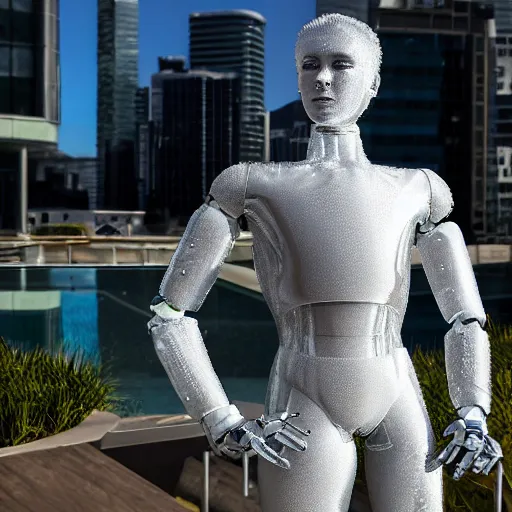 Image similar to made of ice, a realistic detailed photo of a guy who is an attractive humanoid who is half robot and half humanoid, who is a male android, on display, blank stare, showing off his muscles, shiny skin, posing like a statue, by the pool, frozen ice statue, twitch streamer / gamer ludwig, humanoid robot