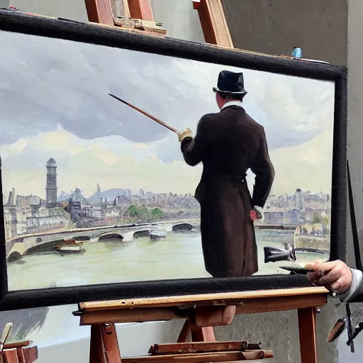 Prompt: mcgregor is dressed as a gentleman at early 2 0 th century paris. he is watching an easel. that easel has a canvas on it. ewan mcgregor has a brush on his hand. he is painting a painting. realistic painting with strong outlines. background has river seine, morning sun, dark clouds, by studio ghibli