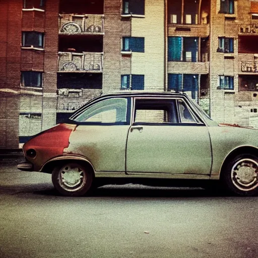 Prompt: low angle shot of right corner of russian car in soviet yard with block of flats, low grain film, masterpiece, blur, in style of william egglestone