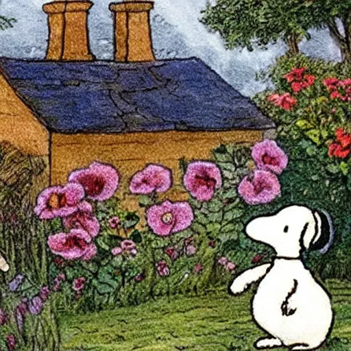 Prompt: Beatrix Potter illustration of Snoopy in a cottage garden