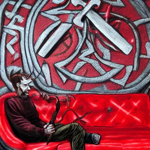 Prompt: a man philosophy schizophrenic is sitting in a red room with infernal symbols and sigils and runes for death and anger 8K height detailed