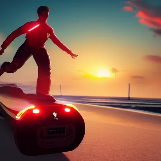 Image similar to concpet art featuring a futuristic ferrari themed hoverboard. beach, sunset. fine detail. this 4 k hd image is trending on artstation, featured on behance, well - rendered, extra crisp, features intricate detail, epic composition and the style of unreal engine.