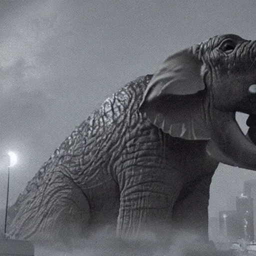 Image similar to giant elephant destroying tokyo in the style of the movie godzilla, cinematic lighting, cinematic framing and shadows 1 9 7 0 s aesthetic