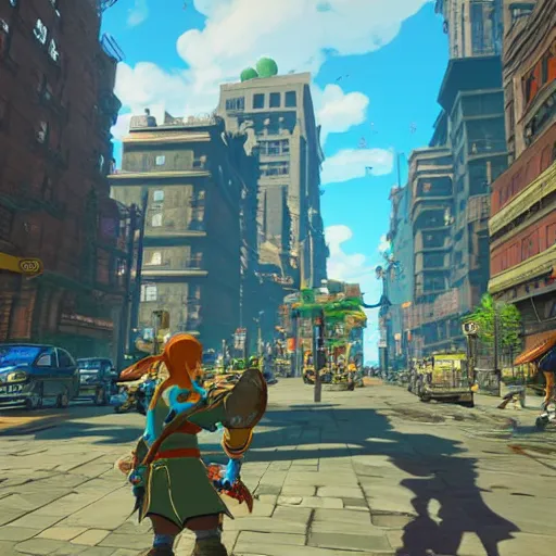 Image similar to the streets of New York City, Breath of the Wild gameplay