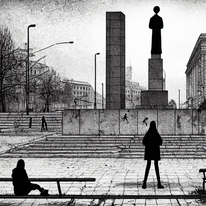 Image similar to storyboard : sadie sink in hoodie sits on bench in ruined square, pedestrians walk by, soviet monument and propaganda posters. scifi cyberpunk. by gabriel hardman. cinematic atmosphere, detailed and intricate, perfect anatomy