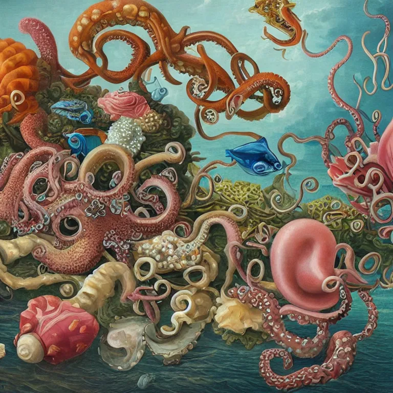 Image similar to kevin sloan painting of crowded still life of octopus tentacle, various colorful fish, seaweed, coral, pearls, shells, conch shell, star fish, seahorse, dutch masters style, insanely detailed